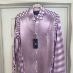 Mens L/S Button Down.  Lavender and White Gingham.  Vineyard Vines